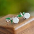 wholesale Sterling Silver with Certificate New Chinese Style Ancient Enamel Bamboo Joint Leaf Inlaid Hetian Jade Bead Jade Earrings Ear Studs for Women-0-2