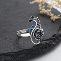 wholesale S925 Sterling Silver Vintage Bohemian French Style Enamel Plique-à-jour Blue Filled Hollow Rose Flower Ring, Unique Forest Series Ring-0-1