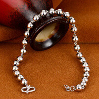 wholesale 990 Sterling Silver Maker's Plain Buddha Bead Bracelet for Men, Fashion Minimalist Beaded Chain Round Bead Bracelet Anklet-3MM Adult Size Length 16+1CM 3.8g Pure Silver