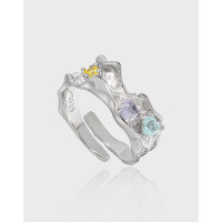 wholesale S925 Sterling Silver 852 Niche Sweet and Cool Style Trendy Edgy Girl Personality Irregular Design Heart-Shaped Colored Diamond Open Ring-Platinum [No. 14/Adjustable] Opening adjustable