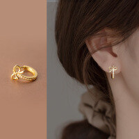 wholesale S925 silver elegant ear clips for women, Korean-style sweet hollow-out diamond-inlaid bow delicate earrings M00603-S925 silver pair gold model>925 silver