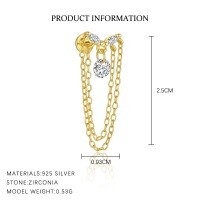 wholesale S925 Sterling Silver Tassel Zircon Flat Back Earrings For Women, French Style Trendy Luxury High-end European And American Wholesale-E4844-Gold/Pair 925 Silver