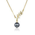 wholesale S925 silver zirconia black pearl pendant necklace with diamond-cut leaf design, Korean minimalist collarbone chain for women-0-4