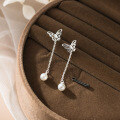 wholesale 925 Sterling Silver Hollow-Out Butterfly Tassel Pearl Ear Studs, Ins Style Niche Design Screw Ear Nurturing Earrings M06502-0-3
