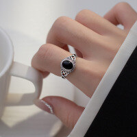 wholesale Sterling Silver S925, Thai Silver Ellipse Black Agate Ring, Vintage Adjustable Open-Ended Antique Style Fashion Hand Jewelry R00982-S925 silver ring Adjustable opening