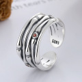 wholesale S925 sterling silver vintage distressed creative horizontal stripe niche design minimalist and unique red zirconia open ring-0-0
