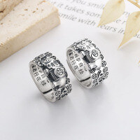 wholesale S925 Sterling Silver Retro Literary National Tide Style Creative Elephant Coin Six-Character Mantra Heart Sutra Ring-871FJ/matte approx. 8.4g Adjustable opening