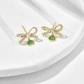 wholesale S925 Gold-Plated Silver Korean Japanese Style Bow Stud Earrings with Green Chrysoprase for Summer, Fresh and Versatile Fashion-0-1