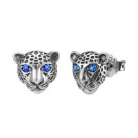 wholesale S925 sterling silver pin, stylish and creative cute little animal earrings, leopard head design for men and women, trendy hip-hop ear accessories-Silver leopard earrings>925 silver