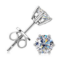 925 Sterling Silver Square Double Prong Single Stone D Color Moissanite Earrings-Six-prong stud earrings [White Gold] 0.5 carats  925 silver