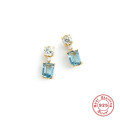 wholesale S925 Sterling Silver Four-Prong Earrings with Sea Blue Diamond, Fresh and Elegant French Style for Women-0-0