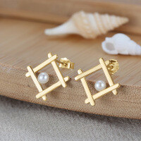wholesale S925 Sterling Silver Geometric Square Earrings with Natural Freshwater Pearls, Vintage and Elegant Wholesale-14K gold>925 silver