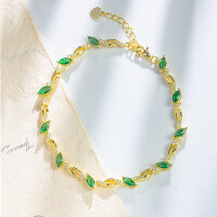 wholesale S925 Sterling Silver Forest Style Bracelet for Women, Summer Versatile Green Crystal Zircon Bracelet Accessory-Gold 925 silver