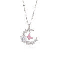 wholesale S925 Sterling Silver Dainty Butterfly Necklace for Women, Minimalist and Unique Design, Versatile Full-Diamond Moon Pendant Choker with Engraving-0-4