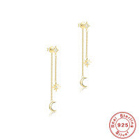 wholesale S925 Sterling Silver Chain Tassel Star Moon Diamond Earrings, Elegant Korean Style Ear Wires-Gold 925 silver