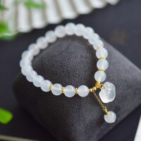 wholesale Gold-plated 925 Silver New Chinese Style 'Fu' Character Hand-woven Ice Jadeite Ruyi Lock Bracelet with White Agate Beads-8mm golden lotus bead with blessing character 925 silver