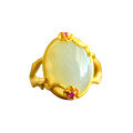 wholesale Silver-plated gold-tone certificate-included floral branch Hetian jade women's ring, vintage Chinese-style adjustable index finger jade ring-0-4