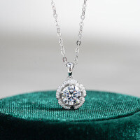 Sterling Silver Pendant with 1-Carat Moissanite Flower Necklace for Women-1 carat (D color moissanite)  925 silver