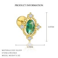 wholesale S925 Sterling Silver Four-Leaf Clover Necklace, Adjustable Snake Ring, and Emerald Zircon Earrings Set-E4825_Green Nano/White Zirconium_18K Yellow Plated_Single 925 Silver