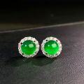 wholesale S925 Silver Ear Studs Women Cabochon Jadeite Pigeon Egg High Ice Imperial Green Earrings New Chinese Style Round Bezel Full Diamond-0-1
