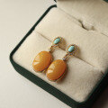wholesale S925 Sterling Silver Vintage Natural Old Wax Green Turquoise Earrings with Pure Natural Full Honey Chicken Oil Yellow Old Amber Earrings-0-5