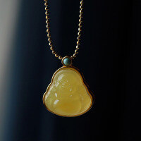 wholesale S925 silver inlaid natural beeswax turquoise smiling Buddha open pendant chicken oil yellow full honey Buddha necklace-Chicken fat yellow Buddha full of honey