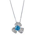 wholesale S925 Sterling Silver Luxury Full Diamond Lavish Inlaid 7*7 Radiant Cut Blue Sapphire Pendant Necklace for Women-0-4