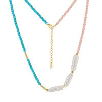 wholesale S925 Sterling Silver Jewelry with Turquoise Powder, Opal, and Natural Baroque Freshwater Pearl Beaded Choker Necklace for Women-Turquoise + Pink Opal + Natural Baroque Freshwater Pearls 14K Gold &gt; 925 Silver
