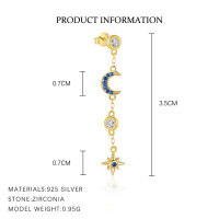 wholesale S925 Sterling Silver Evil Eye Star Moon Tassel Earrings With Inlaid Zircons, Women's Small Design Cross-border European And American Ear Jewelry-E4783-Gold/Single 925 Silver