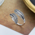 wholesale S925 Sterling Silver Vintage Antique Ginkgo Double Feather Ring, Simple and Elegant Minimalist Understated Style for Women-0-0