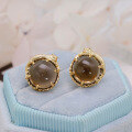 wholesale S925 silver plated with 14k gold, Duli Jewelry spring Japanese cute style tea crystal cat stud earrings-0-0