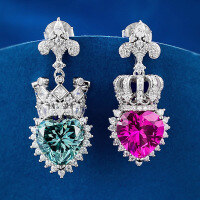 wholesale S925 Sterling Silver New Heart-shaped Crown Red and Green Color Clash Earrings Inlaid with High-Carbon Diamonds Ear Jewelry-E376 Earrings 925 Silver