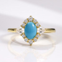 wholesale S925 sterling silver mid-century high-version ring with gold-plated synthetic turquoise gemstone, colorfast-Synthetic Turquoise Ring  US 10