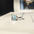 wholesale 925 Sterling Silver Square Aquamarine Ring for Women, Minimalist Ins Blue Adjustable Open Ring for Index Finger-0-1