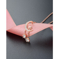 wholesale S925 Sterling Silver Rose Gold Plated Diamond-Embedded Star and Zircon Moon Pendant Necklace, Korean Style Sweet Trendy Chain Set-Platinum necklace set 925 silver