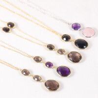 wholesale S925 silver vintage European and American style necklace with natural crystal and mixed colorful gemstones, long chain for sweaters, popular in 2024-Natural smoky quartz sweater chain
