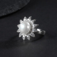wholesale S925 sterling silver new design sunflower natural freshwater pearl ring with luxurious and elegant vibe-Natural Black Freshwater Pearl Ring  US Size 6
