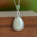 wholesale 925 Sterling Silver with Certificate Natural Hetian Jade Teardrop Pendant Vintage Style Gemstone Necklace for Women-0-3