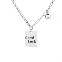 wholesale S925 Sterling Silver Small Round Ball Square Plate Good Luck Pendant Necklace Minimalist Elegant Luxury Style Collarbone Chain-373FL/approx. 7g 925 silver