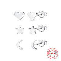 wholesale S925 Sterling Silver Small Geometric Heart Star Moon Set Earrings, Minimalist European and American INS Style-Platinum-3 pieces per set