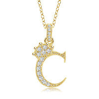 Gold-Plated Copper Crown Zircon Quartz Letter Pendant Necklace-Letter C necklace