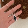 wholesale S925 Sterling Silver Geometric Oval Black Onyx Necklace Women's New Korean Style High-End Sense Collarbone Chain Trendy-0-1