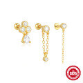 wholesale S925 Sterling Silver Diamond-Studded Gold-Plated Ball Threaded Ear Cuff with Chain Fringe-0-4
