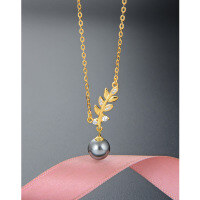 wholesale S925 silver zirconia black pearl pendant necklace with diamond-cut leaf design, Korean minimalist collarbone chain for women-Gray Shell Pearl Necklace Gold&gt;925 Silver