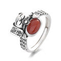 wholesale S925 Sterling Silver 3D Lucky Cat Coin Inlay with South Red Agate Ring Chinese Style Index Finger Ring-0-6