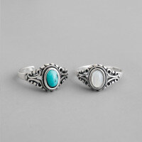 wholesale S925 Sterling Silver AR1072 Korean Style Silver Jewelry with Turquoise and Shell Stone, Artistic Vintage-Inspired Adjustable Ring-Turquoise inlay &gt;Adjustable opening