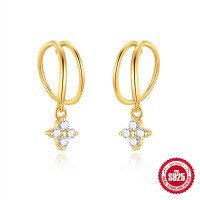 wholesale S925 Sterling Silver Butterfly Tassel Four-Pointed Star Rhinestone Pearl Versatile Hoop Earrings-Gold#2 925 Silver