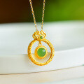 wholesale 925 silver gold-plated ethnic retro-style jade pendant for women with certificate, hollow-carved Ruyi design inlaid with Hetian jade and green jade-0-0