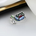 wholesale S925 Sterling Silver Retro Matte Craft National Tide Chinese Style Enamel Cloisonné Double-headed Lotus Adjustable Ring-0-2