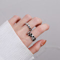wholesale S925 sterling silver Korean-style dark gothic black grid resin inlaid diamond irregular geometric open ring-0-3